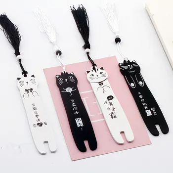

4PC Japanese Cartoon Black and White Meow Meow Bookmarks Xueba Style Fun Text Wooden Bookmark Tassel Bookmark