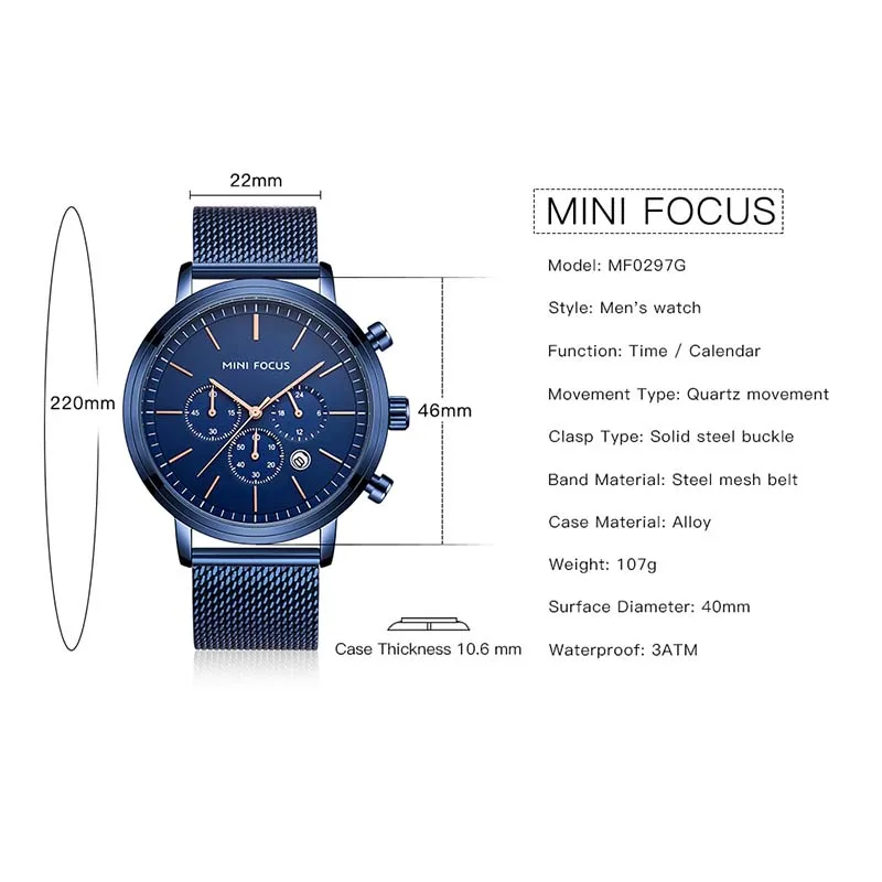 Модные мужские наручные часы Роскошный дизайн кварцевые MINIFOCUS для мужчин 30 м