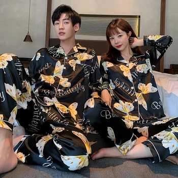 

XIZOU Silk Winter Couple Pajamas Set Turn-down Collar Casual Nightwear Long Sleeve Top + Long Pants Sleepwear Lovers Homewear