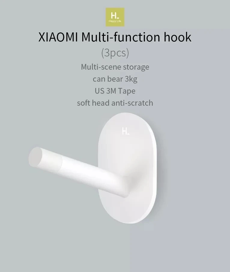 3 шт.,, Xiaomi Mijia HL, маленькие самоклеющиеся крючки, крепкие настенные крючки для кухни, ванной комнаты, шкафа, 3 кг, Максимальная нагрузка, вешалка, крючок