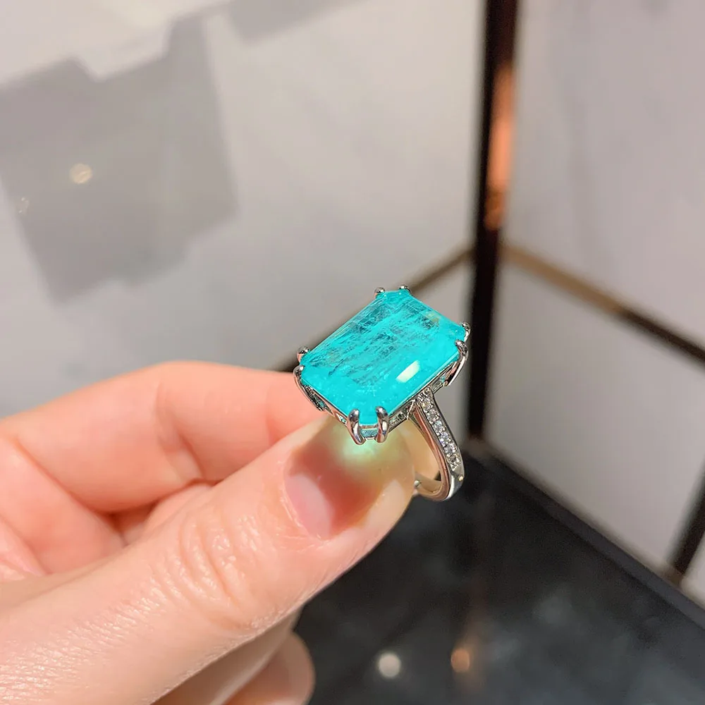 Charms Big Gemstone Women's Ring 12*16 Paraiba Tourmaline Topaz Party Wedding Bands Jewelry Female Anniversary Gift Accessories