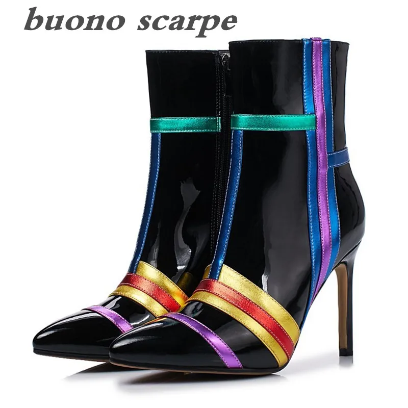 

New leather pointed high-heeled color matching side zipper boots leather boots