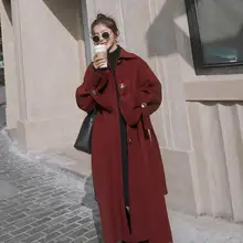 Осенне-зимнее однотонное женское повседневное шерстяное пальто, женская Длинная ветровка, куртки на пуговицах, корейское шерстяное пальто, негабаритные пальто
