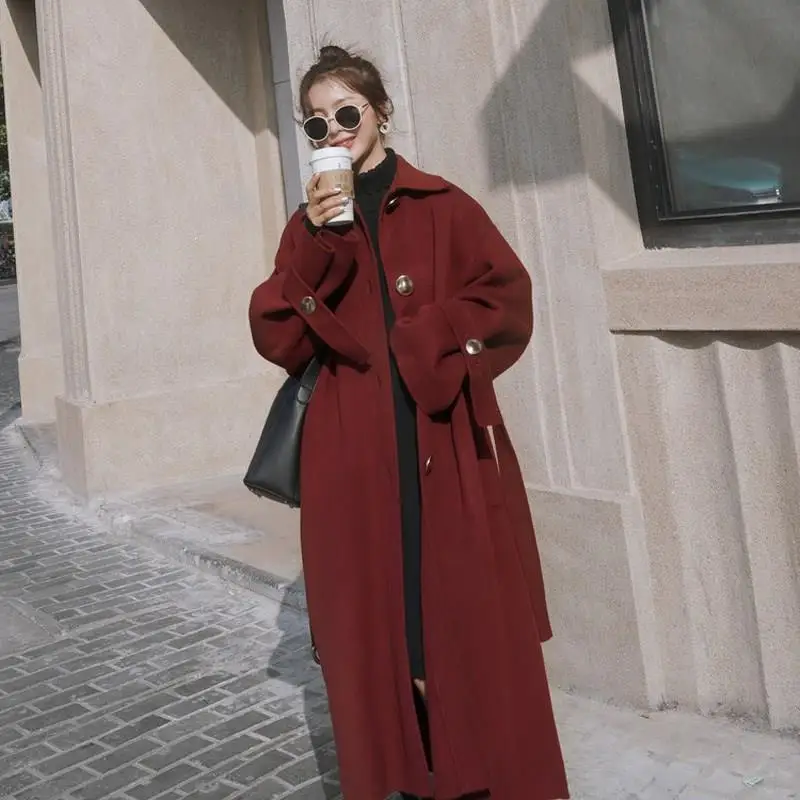 

Autumn Winter Solid Women Casual Woolen Coat Female Long Windbreaker Jackets Button Korean Wool Coat Oversized Overcoats