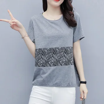 

Plus Size 5XL Korean Vintage Patchwork Striped T Shirt Women Cotton Summer Tops Short Sleeve Oversized T-Shirt For Women 2020