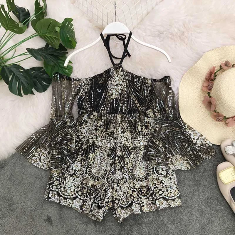 Moda feminina, модные брендовые дизайнерские женские летние комбинезоны, женские сексуальные комбинезоны с бретельками, сетчатые Кружевные Боди с открытыми плечами