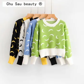 

Autumn Winter New Hooded Short Sweater Woman Sweet Casual Loose Jacquard Moon Outside Round Neck Long Sleeve Sweater Woman