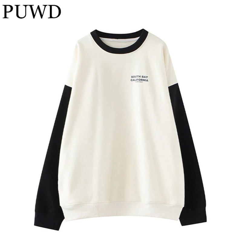 

PUWD Cute Girls Letter Print Patchwork Oversize Sweatshirt 2022 Autumn Fashion Ladies O Neck Streetwear Pullovers Women Chic Top