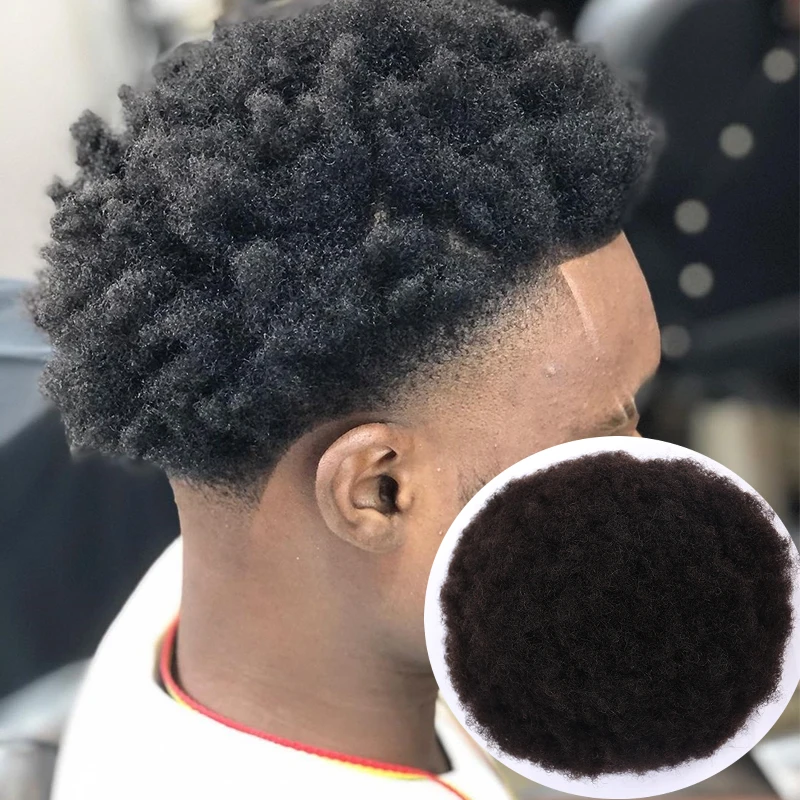 

PU Afro Kinky Curly Hair Toupee Men Natural Looking Thin Skin Mongolian Human Hair Toupee Poly Mens Replacement System 1B# Remy