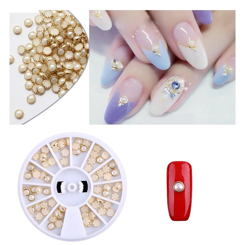 

1 Box 3d Nail Rhinestone Wrapping Half Round Pearls AB Colorful 3MM 4MM Wheel Gold Metal Studs DIY Beauty Nail Art Decorations