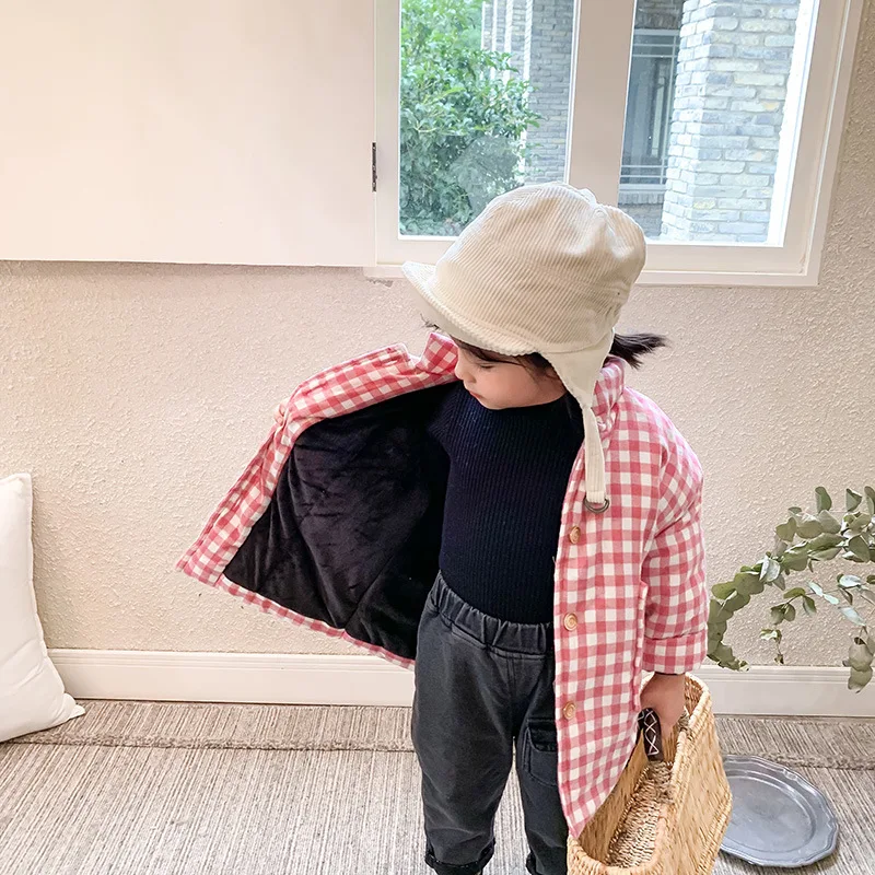 Long Style Kids Boys Girls Outwear Winter Warm Keep Cotton Jacket Plaid Plus Velvet Coat Buttons Baby Children Clothes 1-6y