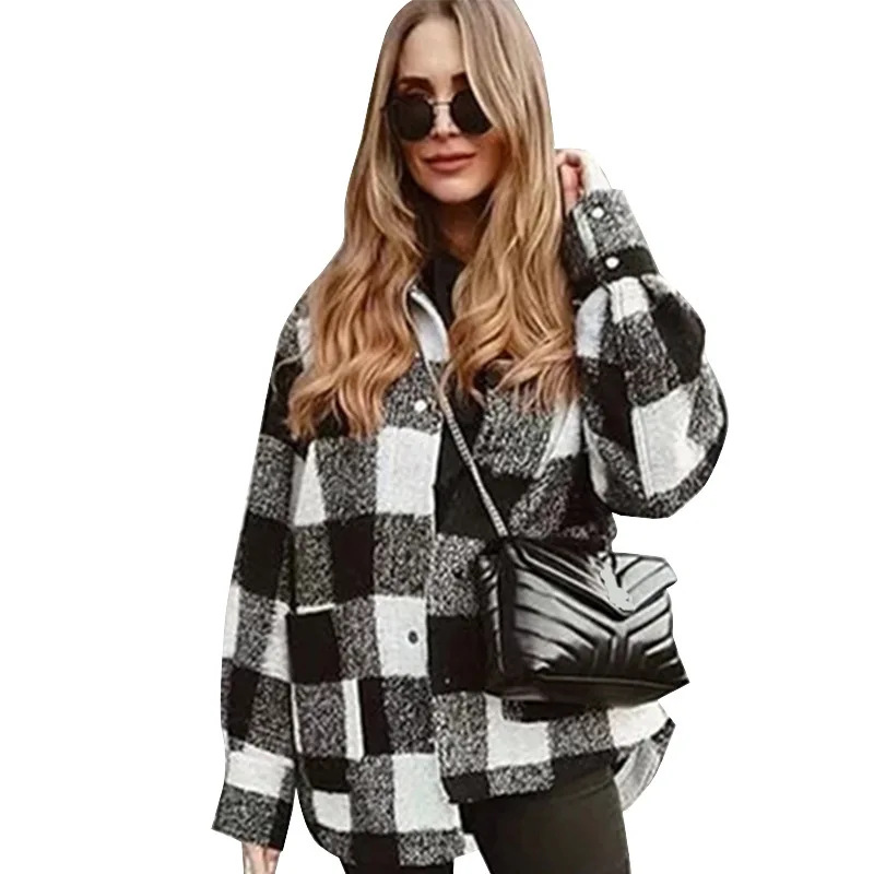 

Amazon cross-border shirt-style woolen jacket autumn and winter new black and white plaid coat women 2020 women