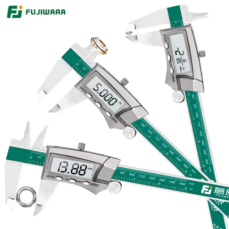 Fujiwara paquímetro digital, paquímetros de aço inoxidável display digital 0-150mm 1/64 fração/mm/Polegada lcd paquímetro eletrônico ip54 à prova d' água