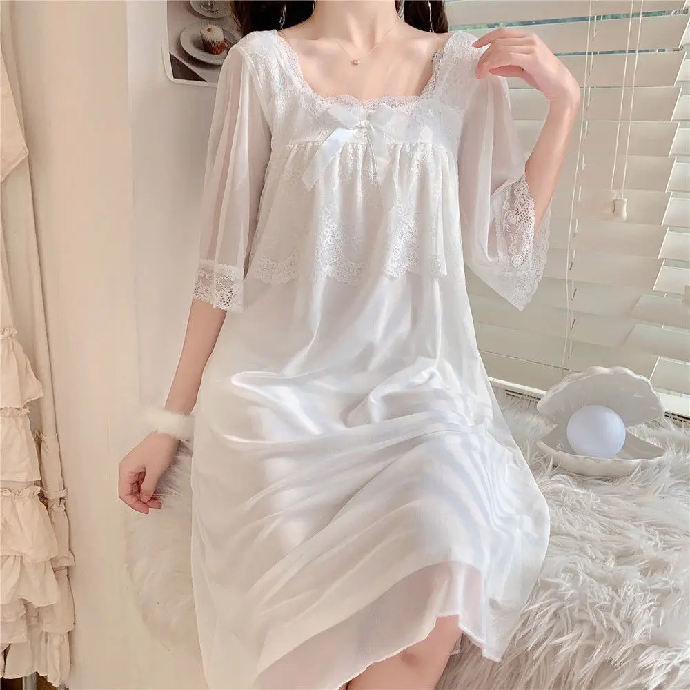 Nightgowns Women Pure Color Elegant Popular Vintage Mid calf Nightdress