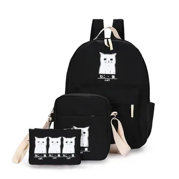 

New Preppy Style Women Cat Printing Backpack Canvas School Bags For Teenager Girls 3 Set Rucksack Cute Book Bag Mochila J0601WM