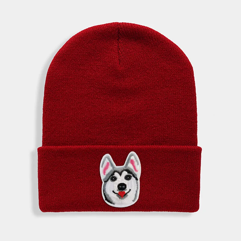 Huskies Hats Fashion Patches Sweet Beanie For Unisex Winter Brimless Stretchy Bonnet Solid Color Outdoor Cap Knitted Beanie - Цвет: Бургундия