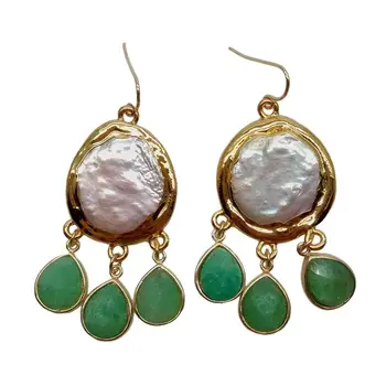 

Cultured White Coin freshwater Pearl Teardrop Chrysoprase gold color plated Dangle Hook Earrings