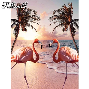 

FULLCANG diamond embroidery sunset flamingo sea full square round drill diamond painting birds mazayka needlework decor FC2430