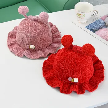 

Baby ruffled hat autumn and winter boy and girl baby can not afford thicken warm basin cap Children's double ball fisherman hat