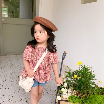 

New Children's Floral Doll Korean Shirt 2020 Summer Little Girls Shoulder Western Style Halter Tops Baby Sloral Cotton Shirt