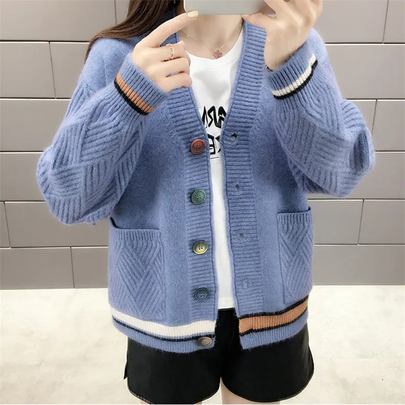 CBAFU acylic women autumn winter sweater jacket sweater coat outwear long sleeve colorful button pockets knitted cardigans P371