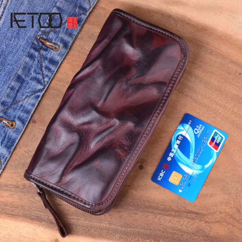 Винтажный Длинный кошелек AETOO из натуральной кожи мужской клатч складной Ретро