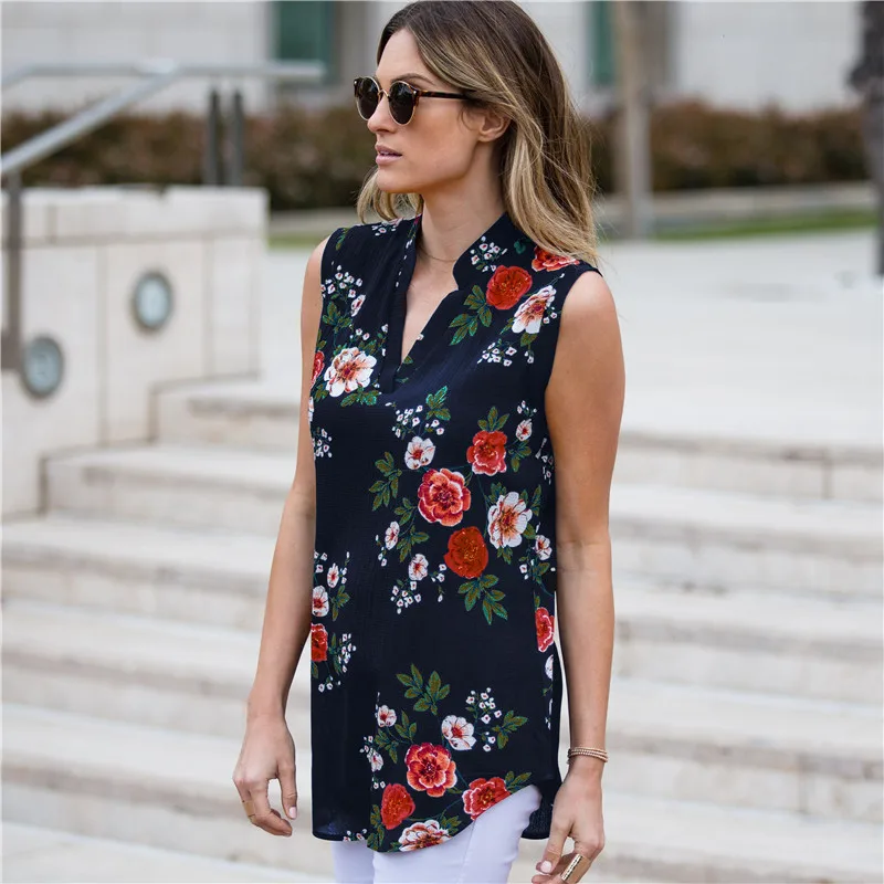 New Summer Sleeveless 2019's Shirt Blouse women Casual Loose Floral Blouse V neck Top Chiffon Work Wear Office Blouse Shirt New Summer Sleeveless 2019's Shirt Blouse women Casual Loose Floral Blouse V neck Top Chiffon Work Wear Office Blouse Shirt