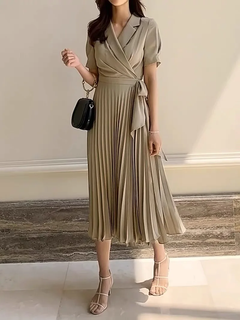 Korean Short Sleeve Pleated Women Dress Office Ladies Lace Up Notched Blazer Dress Adjustable waist Midi Dress 2020 Summer New