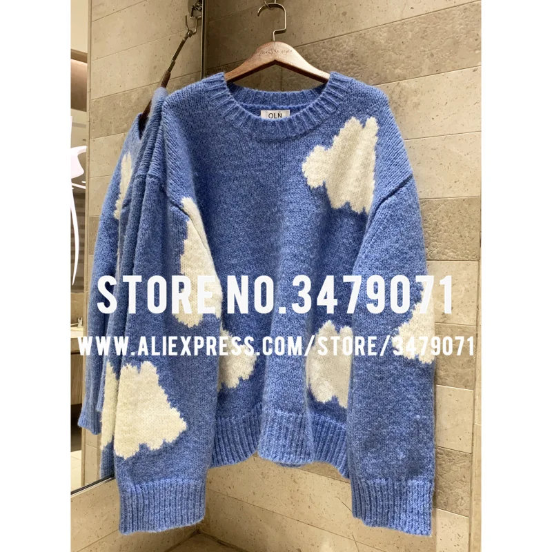 Небесно пушистый шерстяной свитер из шерсти альпаки голубого облака модный Повседневный свободный женский свитер