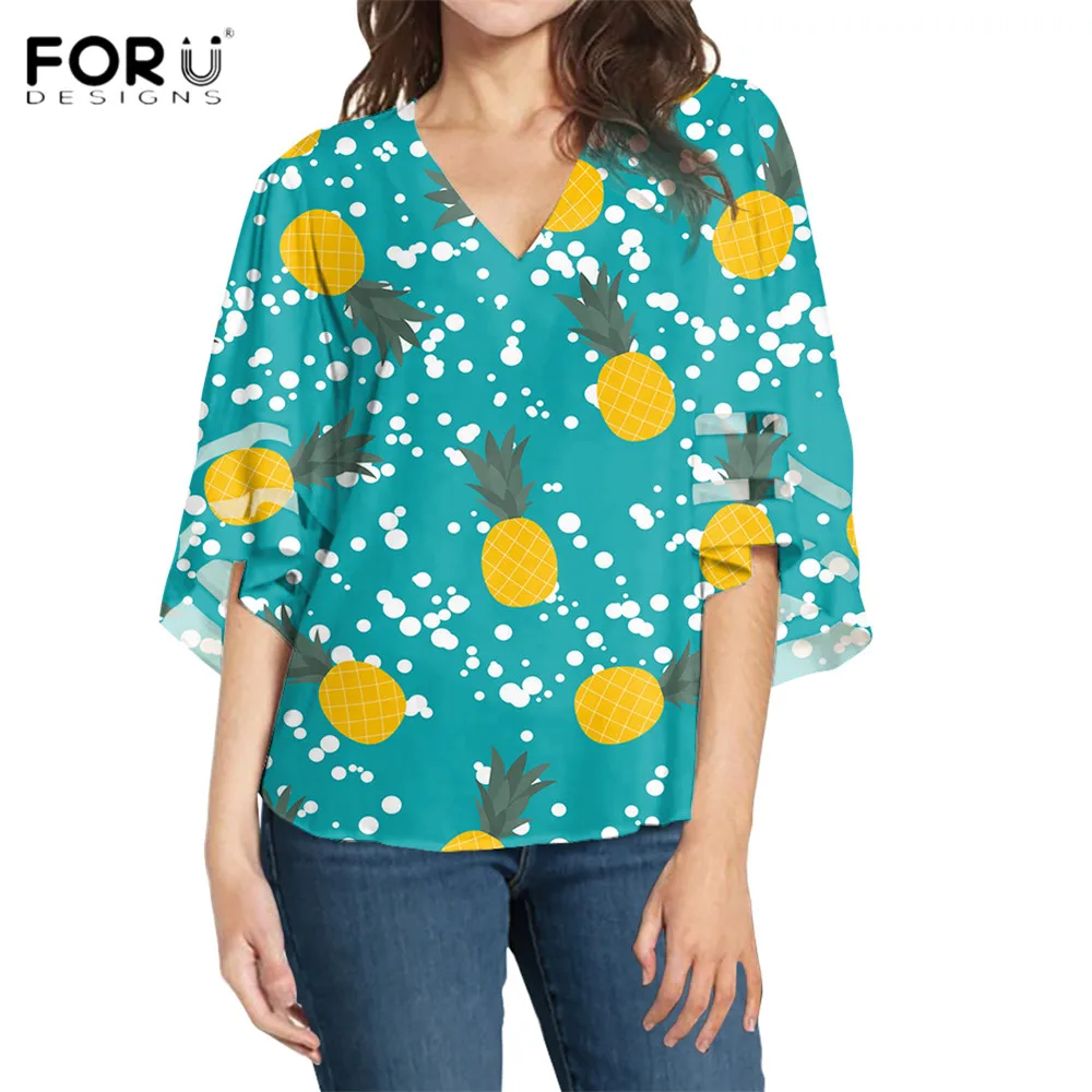 

FORUDEGINS Harajuku Women's Casual V Neck Mesh Panel Blouse Tropical Fruits Pineapple Tops 3/4 Bell Sleeve Shirts Casual Cloth