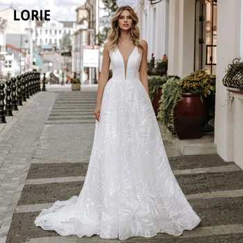 

LORIE Lace Wedding Dresses Boho 2019 V-neck Sleeveless Open Back Beach Satin Bridal Gowns Custom Made Sweep Train Plus Size