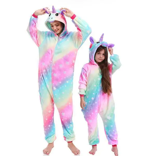Women Unicorn Pajamas Sets Kigurumi Flannel Animal Pajamas Kids Women Winter Nightie Hooded Pyjamas Sleepwear Cartoon Homewear - Цвет: Pink Rainbow TianMa