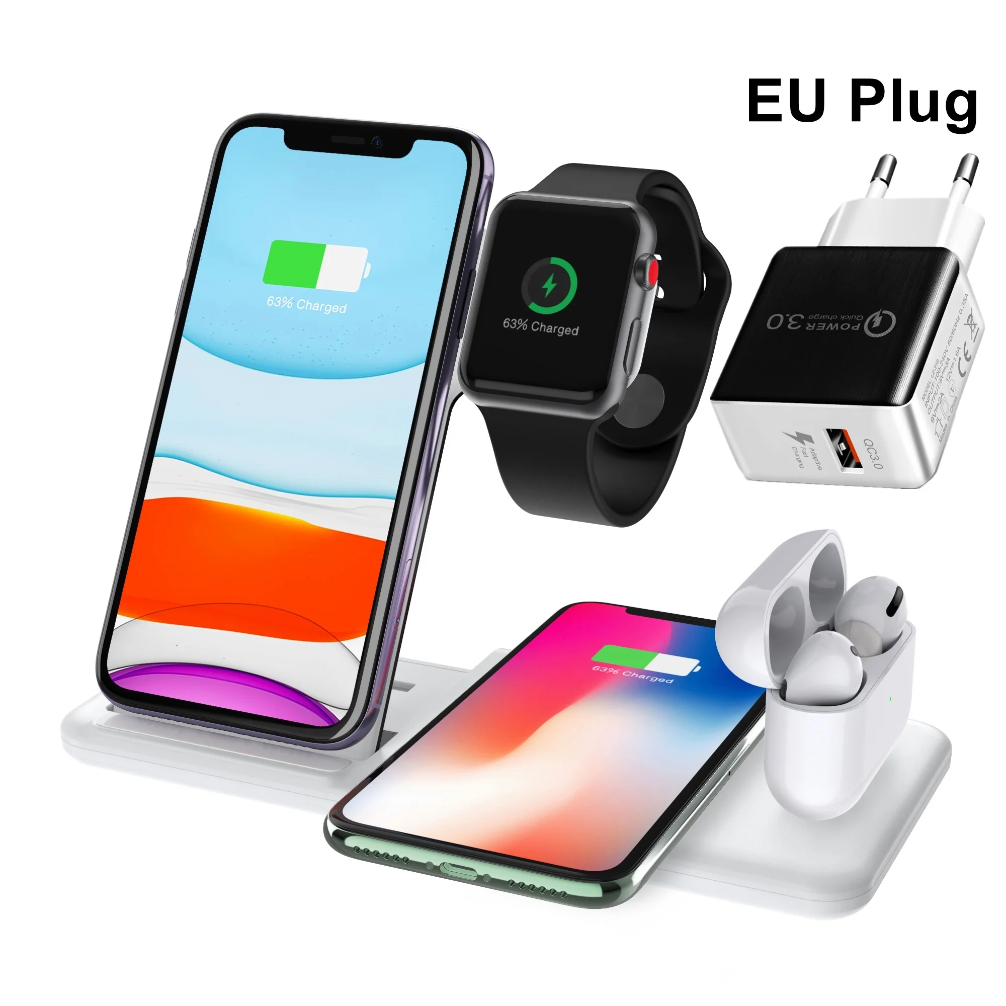 White With EU Plug Tongdaytech 4 в 1 Быстрое беспроводное зарядное устройство Qi для Iphone XR XS 11 Pro Max Беспроводная зарядка для Apple Airpods Pro Watch 5 4 3 2 1 - Тип штекера: White With EU Plug