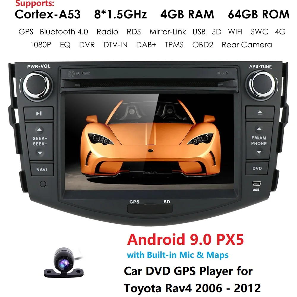 Новинка! 4G ram+ 64G rom android 9,0 gps автомобильная навигация для TOYOTA RAV4 2006-2012, wifi/4G/TPMS/DAB/OBD/RDS, карта