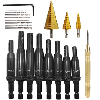 

21Pcs/Set Center Drill and Step Drill Set with Center Punch Self Hinge Hole Puncher for Cabinet Door Woodworking Tools