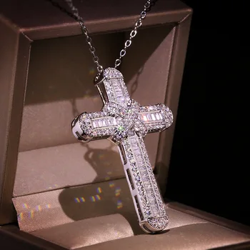 

AAA+ Cubic Zirconia Paved Bling Iced Out Silver Color Cross Pendants Necklace for Women Men Hip Hop Rapper Jewelry Drop Shipping