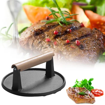 

With Handle Burger Practical Cooking Meat Press Plate Stripe Bottom Steak Barbecue Tool Cast Iron Round Durable Kitchen Fried