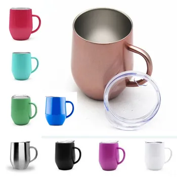 

10pcs 12oz Wine Glass Cups With Handle & Crystal Clear Lids Stainless Steel Double Wall Vacuum Insulated mugs Drink Coffee mugs