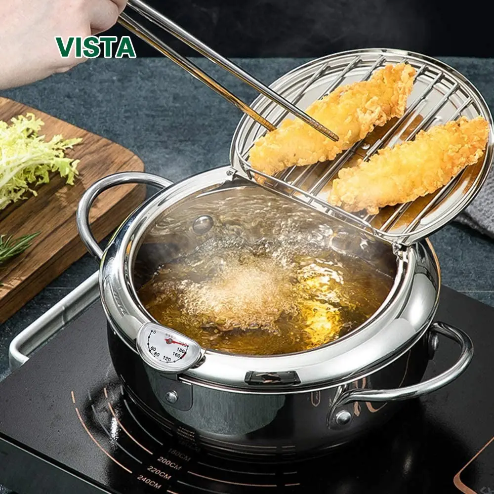 Kitchen Deep Frying Pot with Thermometer and Lid Stainless Steel Pans
