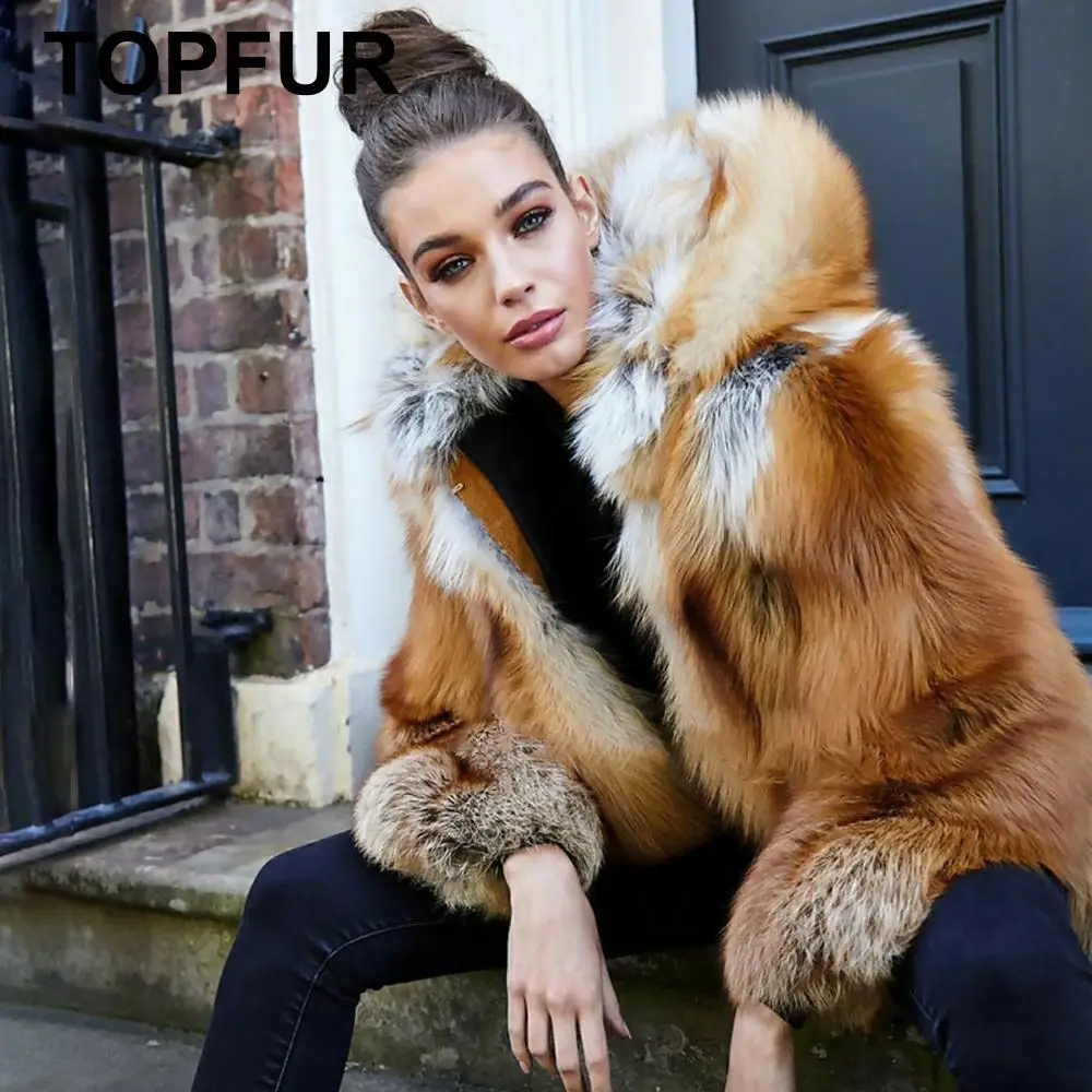 TOPFUR модное зимнее меховое пальто для женщин, пальто из натурального меха Красной лисы, пальто с меховым капюшоном, полный рукав, куртка из меха лисы