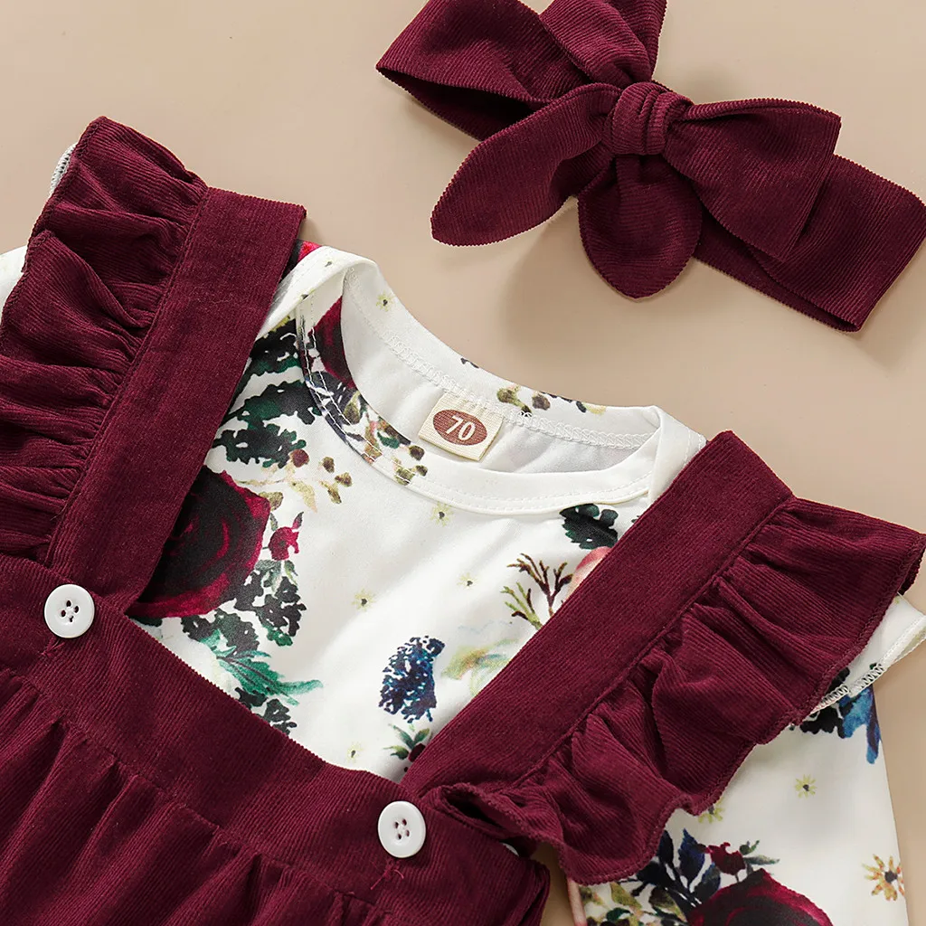Комплект из 3 предметов, одежда для маленьких девочек модный комбинезон с длинными рукавами и цветочным рисунком для маленьких девочек, боди+ юбка на подтяжках, Одежда для новорожденных