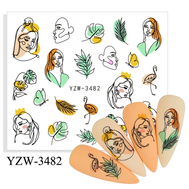 Colorful Face Flower Stickers Nail Stickers Transfer Nails Water Decal Nail Decals Leaf Sticker Series Watermark Nails Geometric YZW-3482