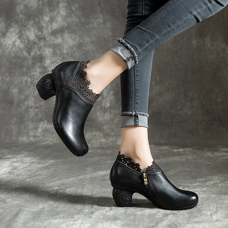 Женские кожаные ботильоны; весенняя обувь; коллекция года; женские Ботинки martin из натуральной кожи с вышивкой в стиле ретро на высоком каблуке 5 см; женская обувь черного цвета