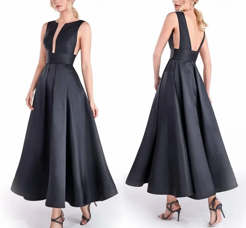 

Sexy Open Back Black Formal Evening Dress Jewel Neck Sleeveless Ankle Length Satin Prom Party Gowns Hot Vestidos De Noche