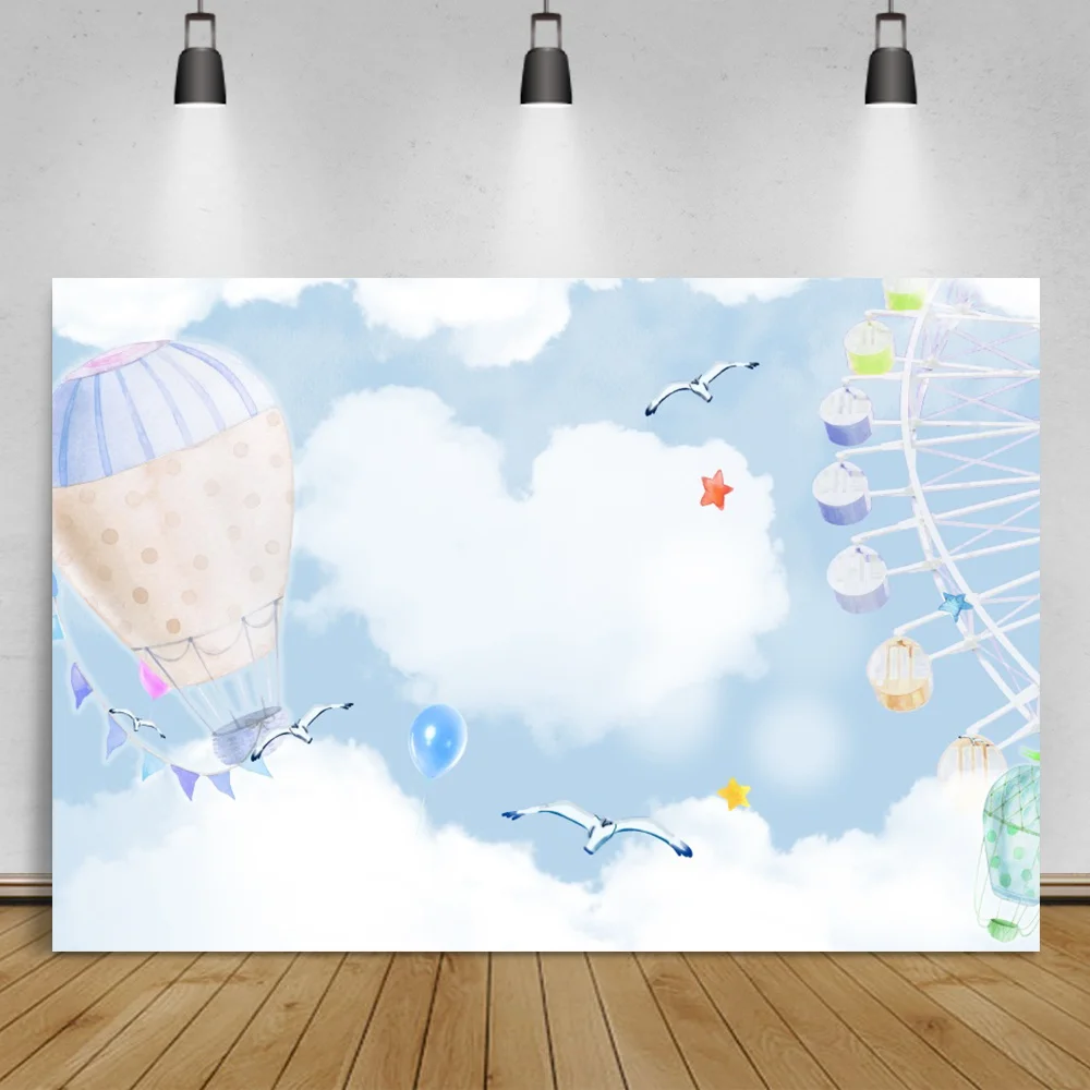 

Laeacco Baby Shower Cartoon Hot Air Balloon Ferris Wheel White Clouds Child Birthday Party Customized Photo Background Backdrop