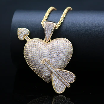 

LuReen Iced Out Arrow Through Heart Necklace Pendant Cubic Zirconia Gold Silver Color CZ Rope Chains Hip hop Jewelry