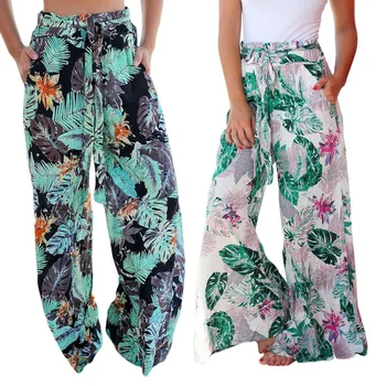 

Summer Vintage Boho Wide Leg Pants High Waist Loose Floral Print Long Women Trousers Casual Beach Pants
