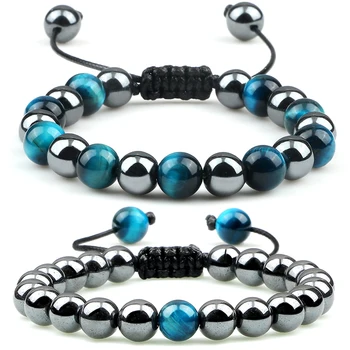 자연 타이거 아이 스톤 팔찌 남자 8mm 양쪽 구슬 건강 보호 꼰된 팔찌 여성을위한 보석 수제 Pulsera