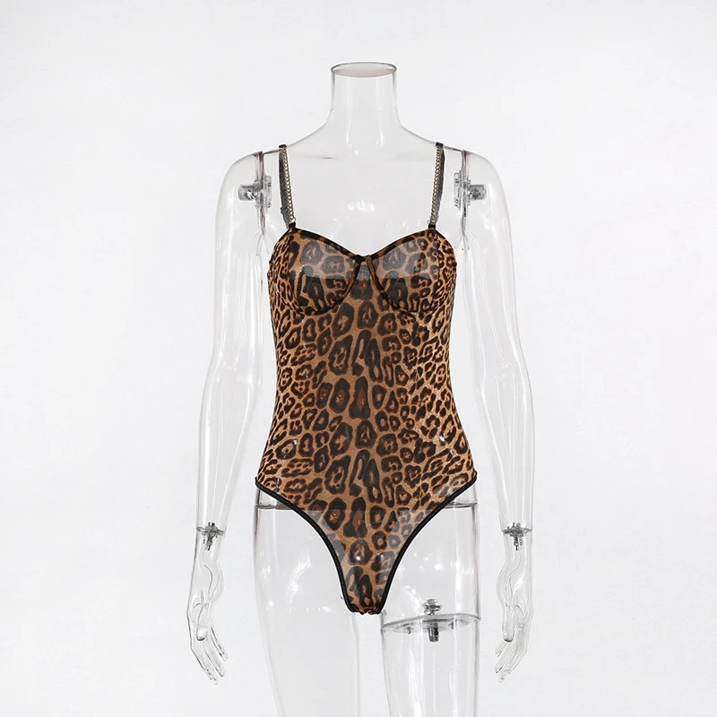 Сексуальные леопардовые боди с цепочкой на бретельках с открытой спиной, бандажные Комбинезоны для женщин, модные осенние боди с животным принтом