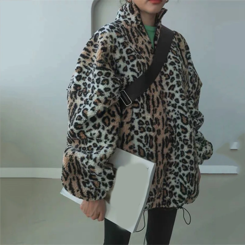 RICININA, куртка большого размера, Женская парка с мехом, длинный рукав-фонарик, Леопардовый принт, повседневные женские пальто и куртки, зима